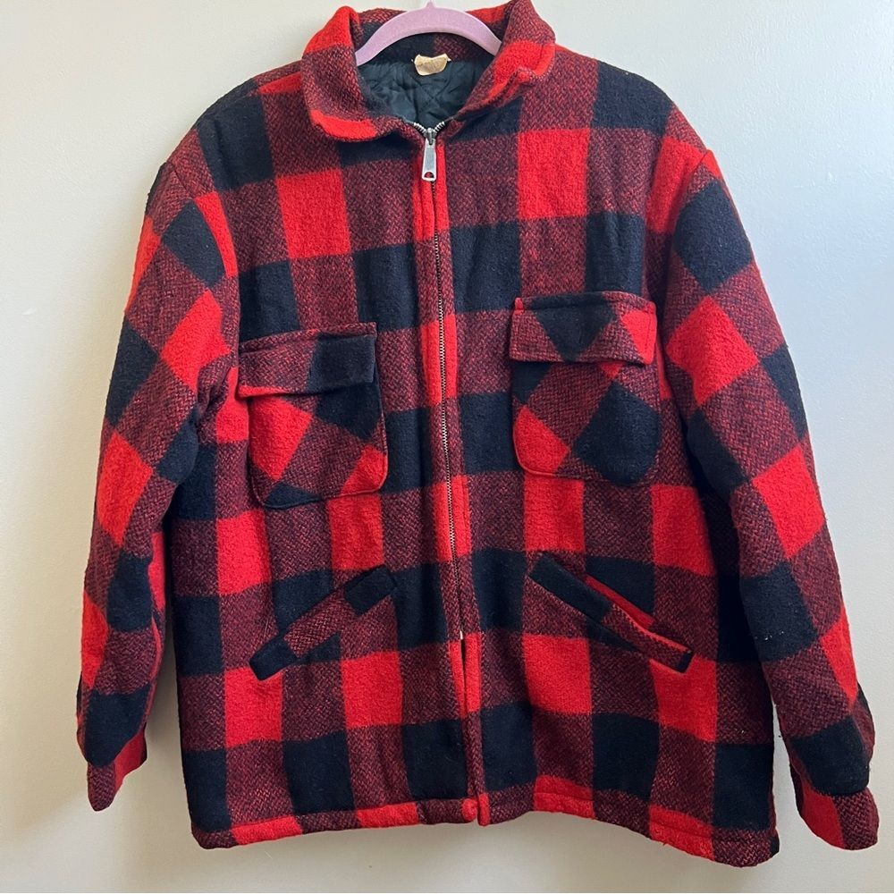 Vintage Plaid Jacket Rustic Lumberjack Red and Black Plaid Coat Hunting